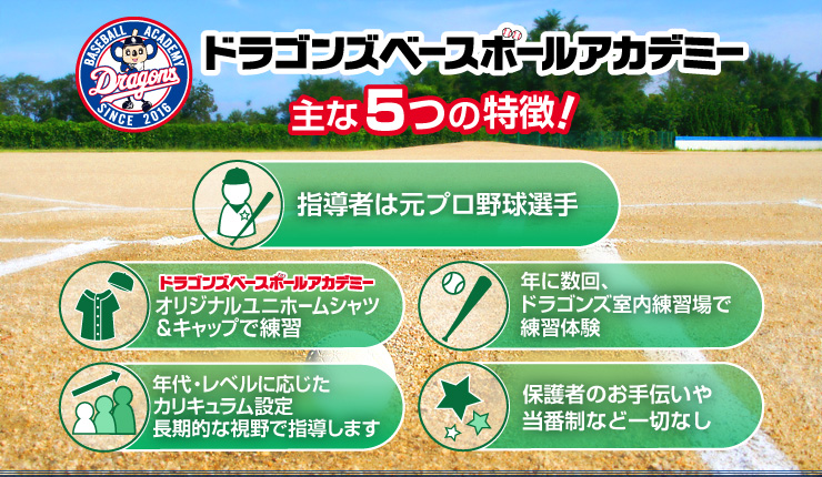 ドラゴンズベースボールアカデミー 主な６つの特徴！ 指導者は元プロ野球選手。オリジナルユニホームシャツ＆キャップで練習、年に数回。ドラゴンズ室内練習場で練習体験。年代・レベルに応じたカリキュラム設定ちょうきてきな視野で指導します。保護者のお手伝いや当番制など一切なし
